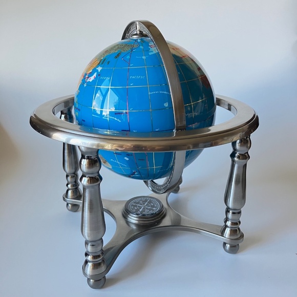 Vintage Gemstones World Globe: Lapis Lazuli Ocean, Silver Metal Stand, Compass - Picture 14 of 17